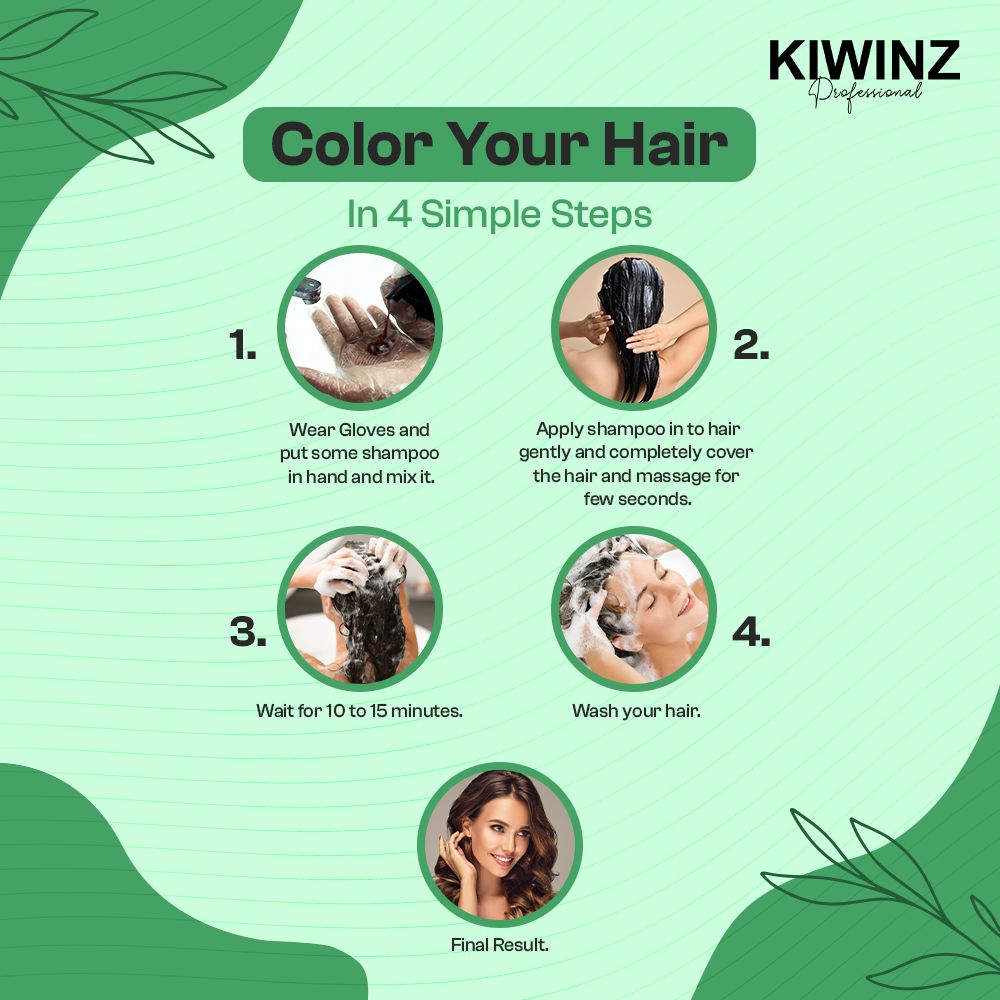 Step by step usage instructions for Kiwinz Hair Color Shampoo application