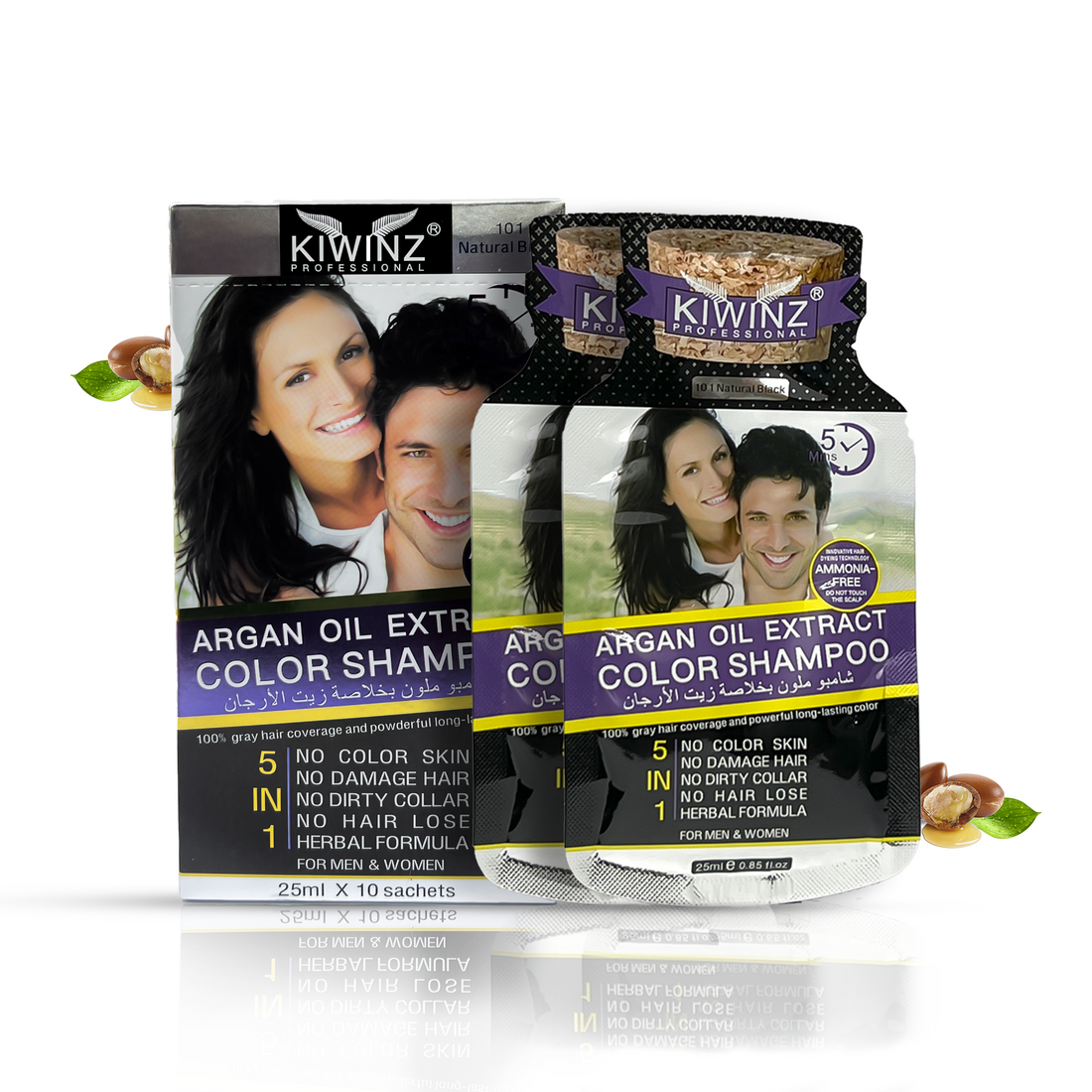Product display of Kiwiz Professional Argan Oil Extract Color Shampoo, showing multiple sachet packs and product boxes with purple and yellow labeling, argan oil illustrations, and product benefits listed on the front.