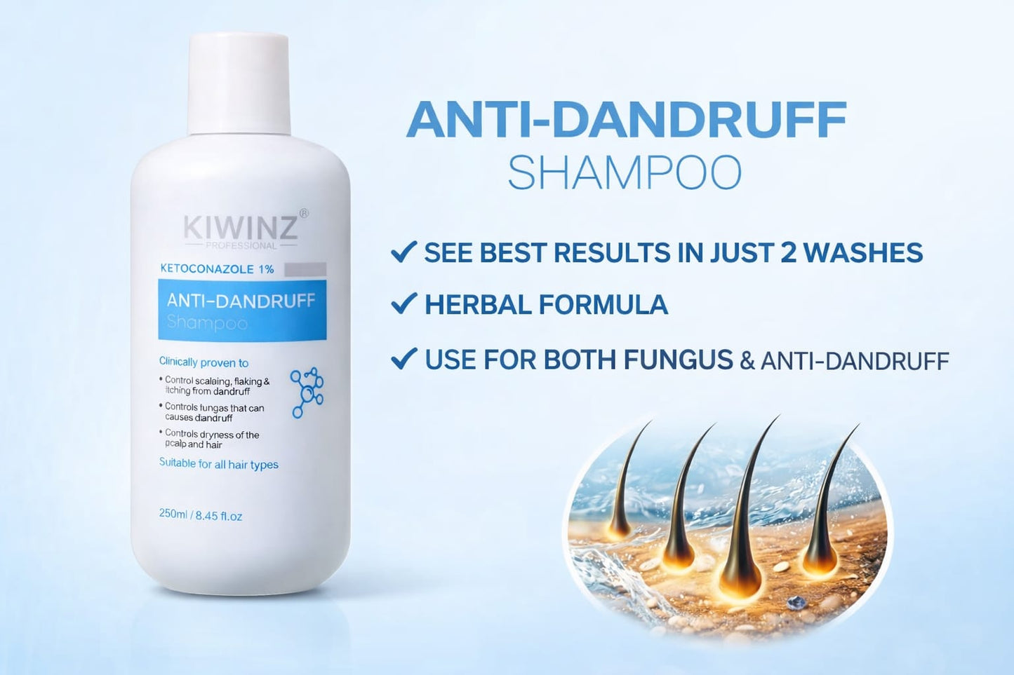 Kiwinz Professional Anti-Dandruff Shampoo with 1% Ketoconazole
